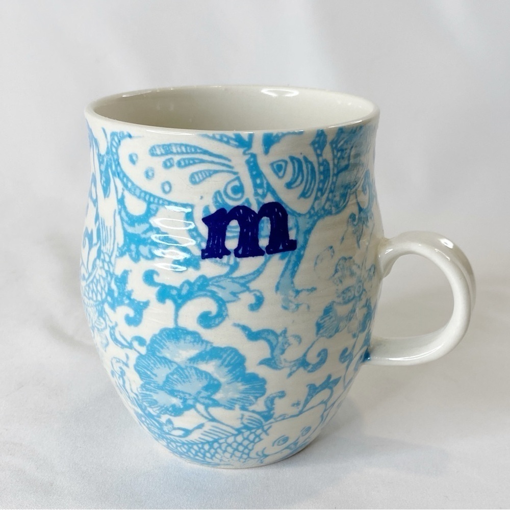 Anthropologie Homegrown Monogram Initial M Blue Floral Mug 12 oz